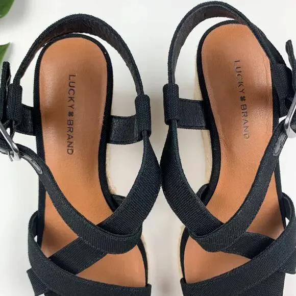 Lucky Brand Mytila Sandals Wedge Espadrille Black Fabric Strappy Women's 7 - Picture 5 of 12